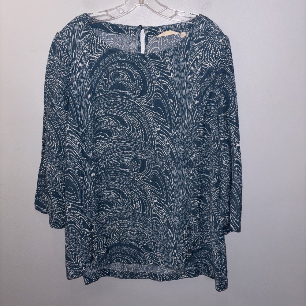 SOFT SURROUNDINGS Tunic Blouse Women's Size L Oceo Crinkle Gauze BLUE/GREEN